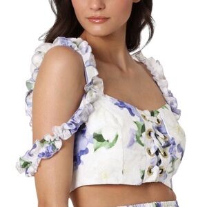 MENTI Santorini Women’s Elegant Iris Flower Crop Top with Ruffle Details